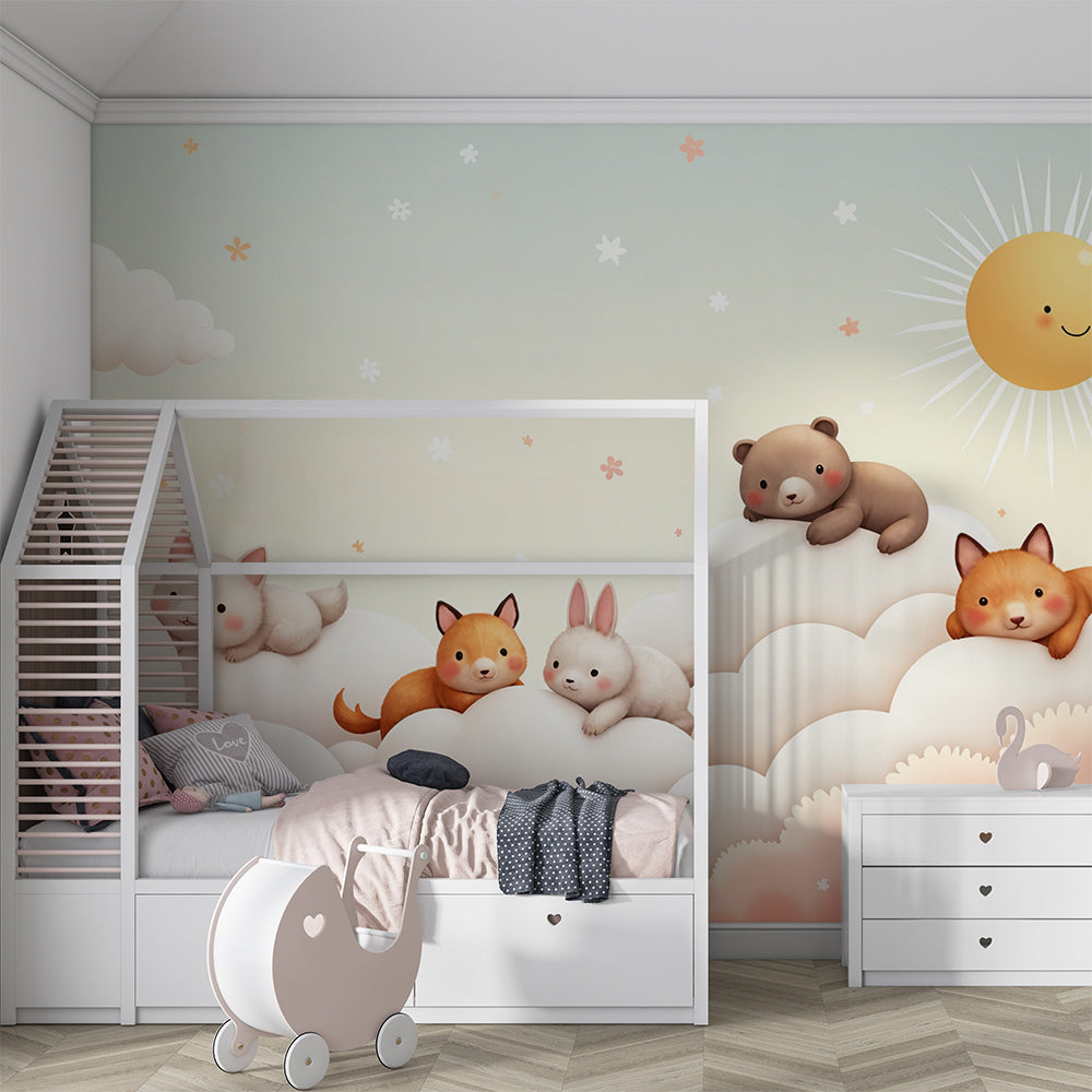 Pastel animals on clouds mural wallpaper decorating bright kids playroom space