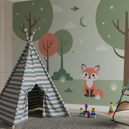 Kids-Mundo cute fox wall mural bringing cheerful woodland charm to a playroom