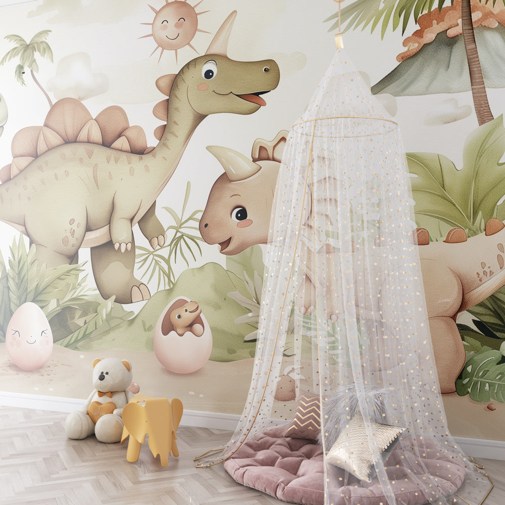 Kids-Mundo friendly dinosaur wall mural adding jungle adventure to a children's playroom