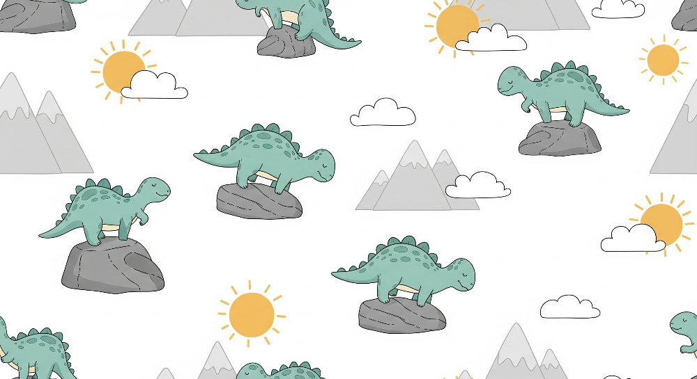Kids-Mundo flat artwork preview of the cute dinosaur and sunny mountain pattern used for this mural.