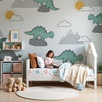 Kids-Mundo sunny dinosaur wall mural in a bright nursery with grey cot and soft daylight.