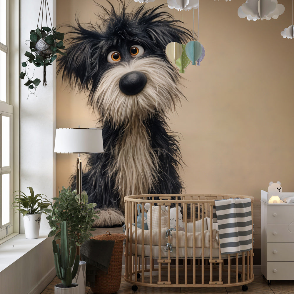 Artistic dog illustration wallpaper creating cozy atmosphere in children's bedroom