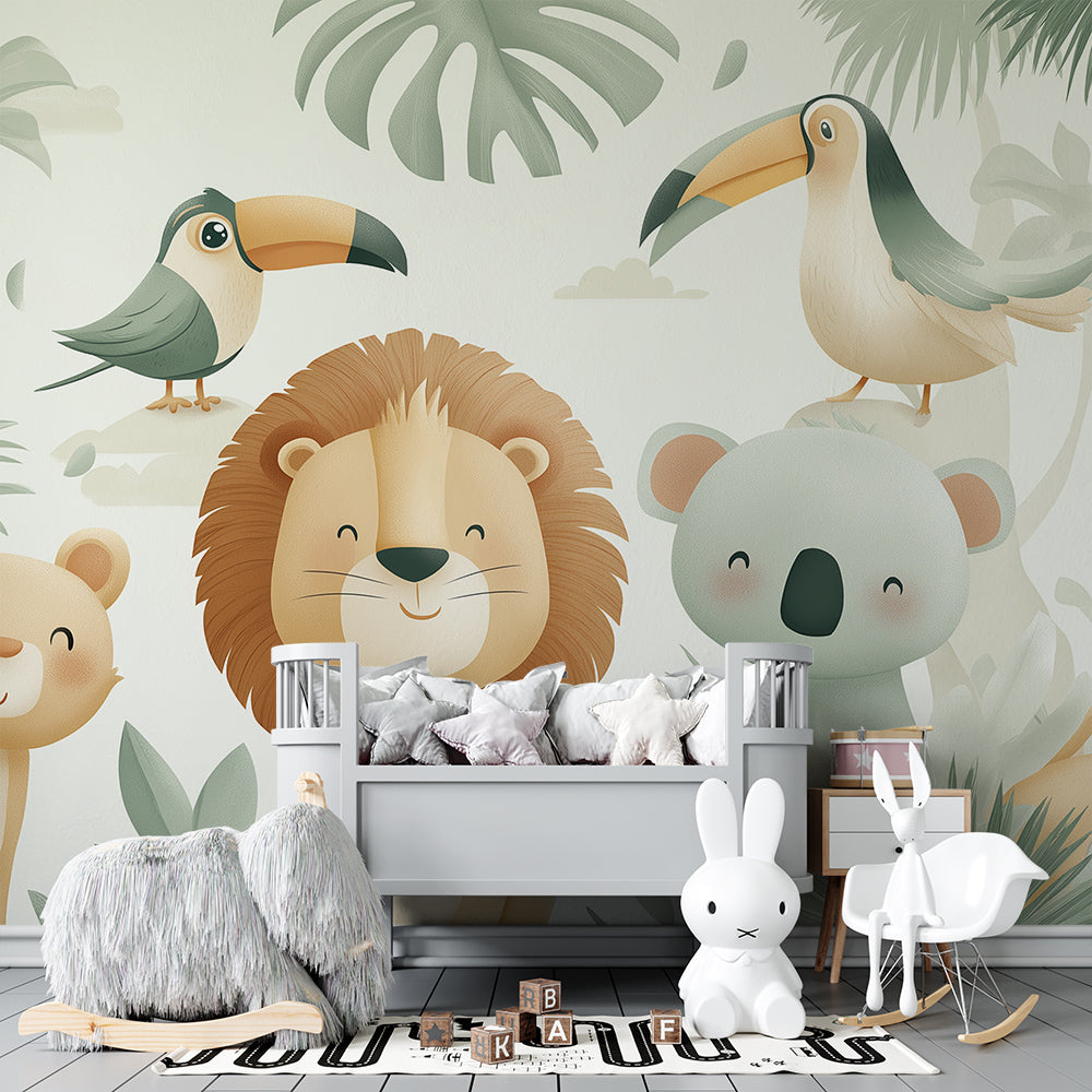 Kids-Mundo jungle animal wall mural with a giraffe and lion in a kids bedroom