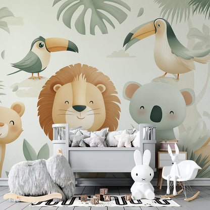 Kids-Mundo jungle animal wall mural with a giraffe and lion in a kids bedroom