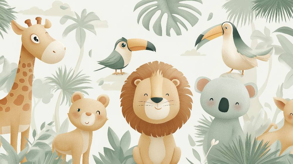 Kids-Mundo jungle friends mural artwork with a giraffe, lions, koala and toucans