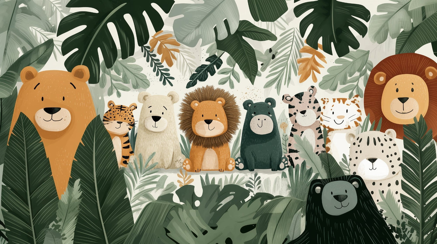 Kids-Mundo flat artwork of a cheerful lineup of cartoon lions, bears and jungle cats.