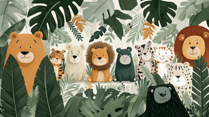 Kids-Mundo flat artwork of a cheerful lineup of cartoon lions, bears and jungle cats.