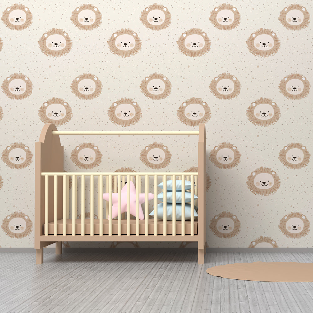 Kids-Mundo lion pattern wall mural in a toddler bedroom with smiling lion faces.