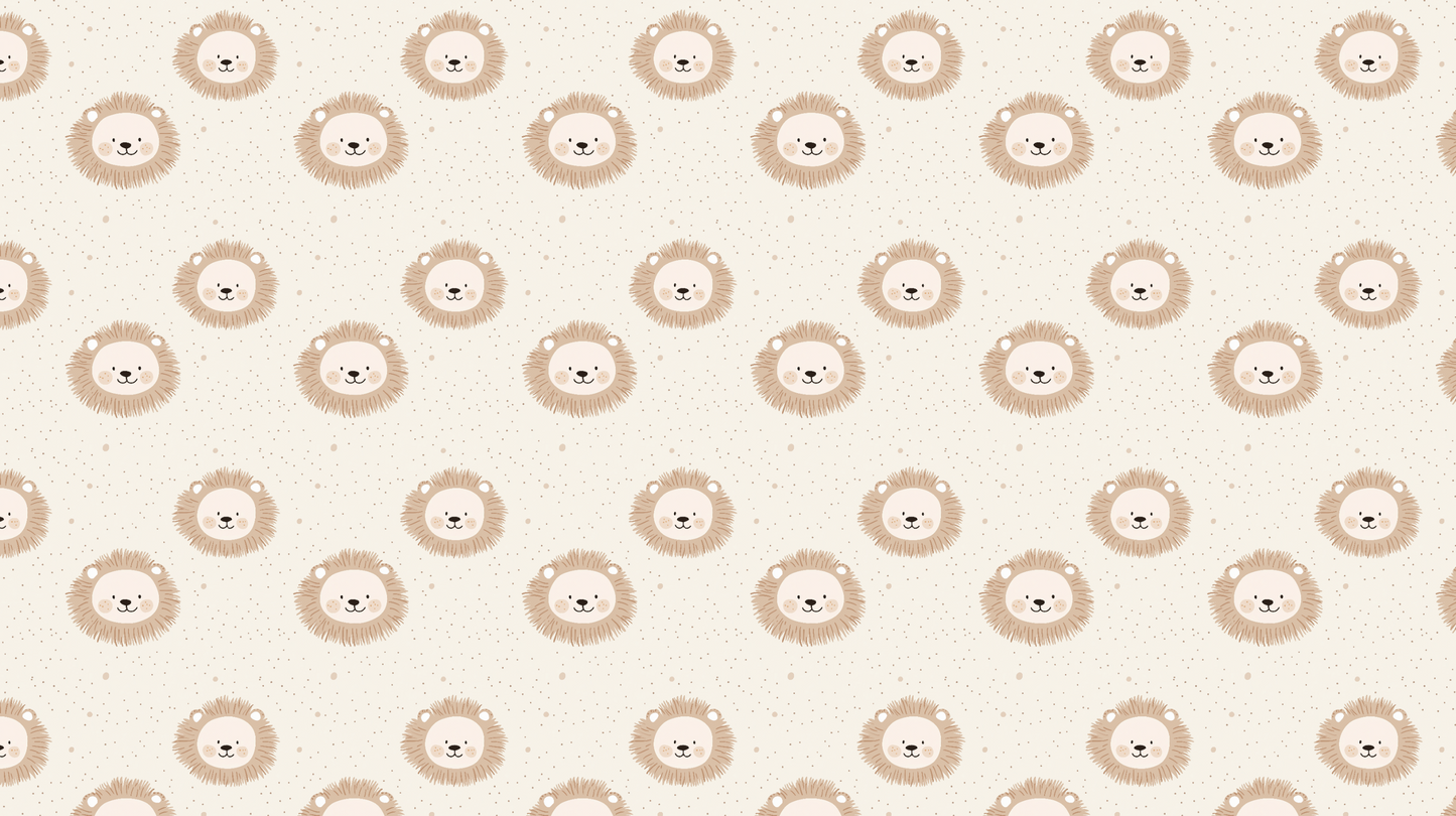 Kids-Mundo cute lion faces wall mural artwork with a soft repeating pattern in tan and cream.