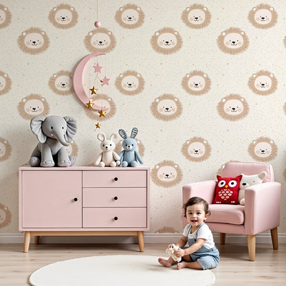Kids-Mundo cute lion faces wall mural styled in a warm, gentle nursery.