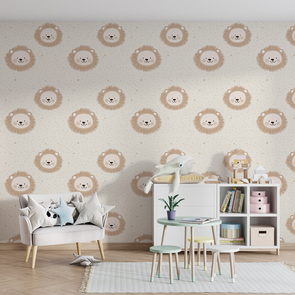 Kids-Mundo cute lion faces mural bringing playful charm to a playroom wall.