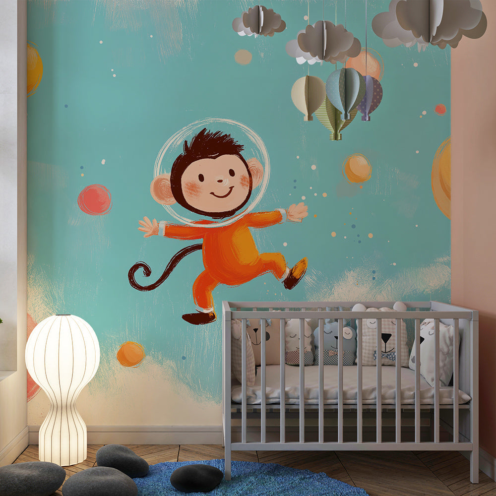 Kids-Mundo monkey astronaut wall mural as a bright feature wall in a kids' bedroom.