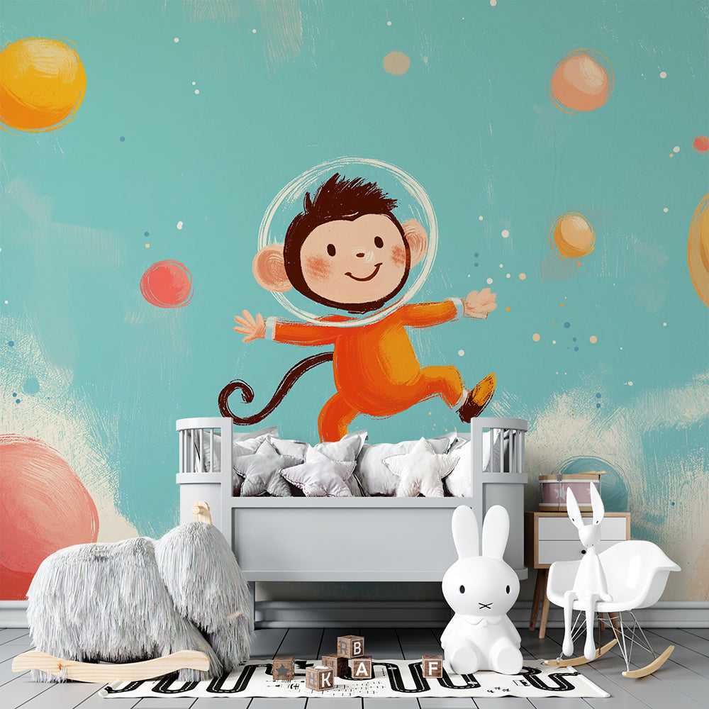 Kids-Mundo colourful monkey astronaut mural filling a playroom wall with planets and stars.