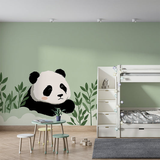 Kids-Mundo rosy-cheeked panda mural wallpaper on a feature wall in a toddler's bedroom