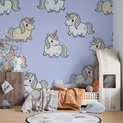 Kids-Mundo cute unicorn pattern wall mural brightening a playful child's bedroom.