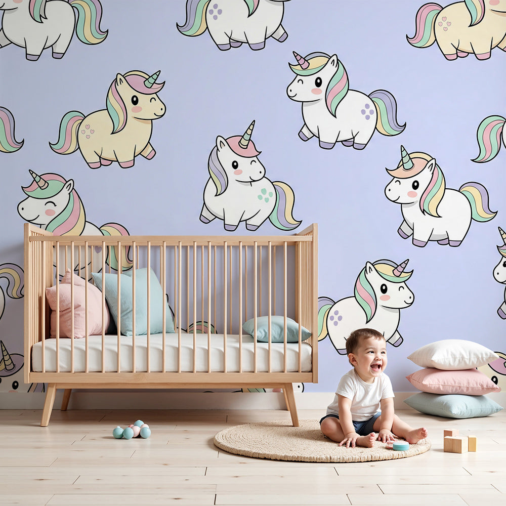 Kids-Mundo pastel unicorn pattern wall mural on periwinkle, styled in a soft baby nursery.