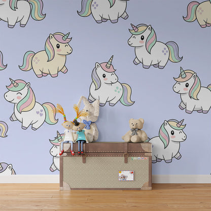 Kids-Mundo pastel unicorn pattern wall mural filling a cheerful children's playroom.