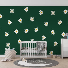 Nature-inspired daisy wallpaper transforming bright kids playroom with botanical garden theme by Kids-Mundo