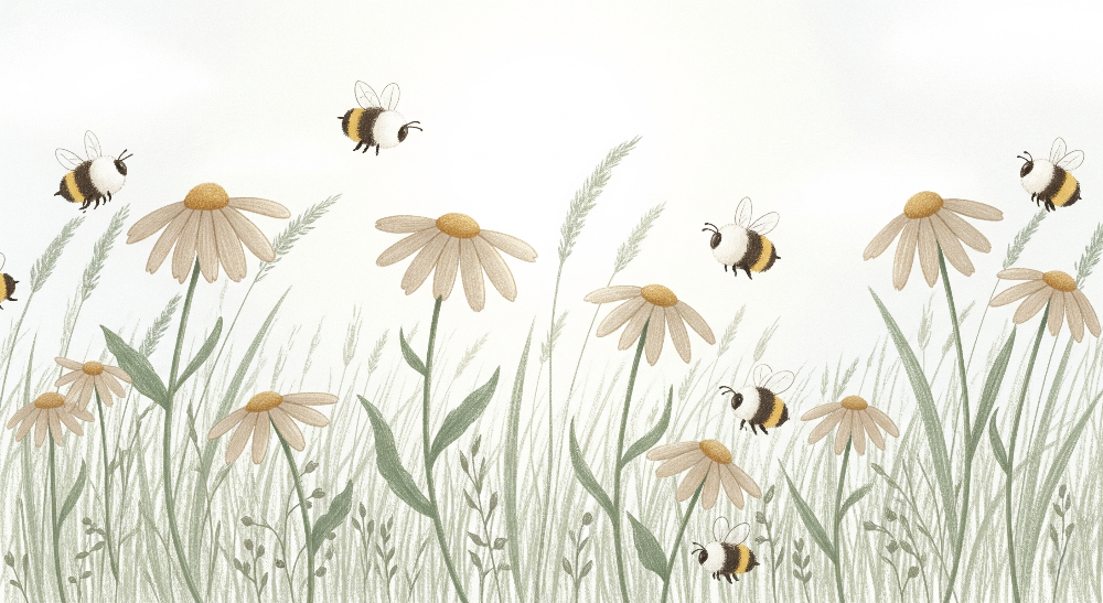 Kids-Mundo flat artwork of cream daisies and bumblebees in a soft sunny meadow.