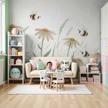 Kids-Mundo daisy meadow wall mural with bumblebees styled behind a cot in a sunny nursery.
