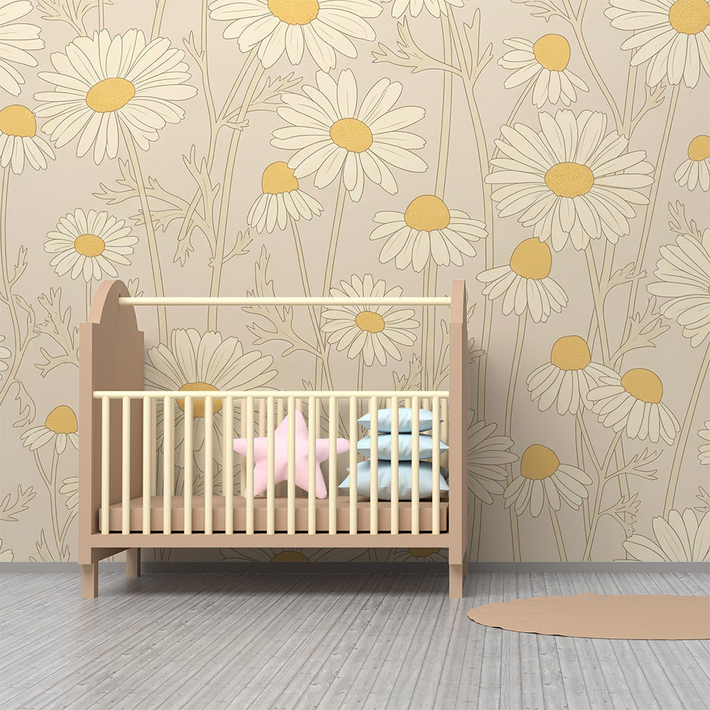 Kids-Mundo daisy meadow wall mural brightening a calm children's playroom wall