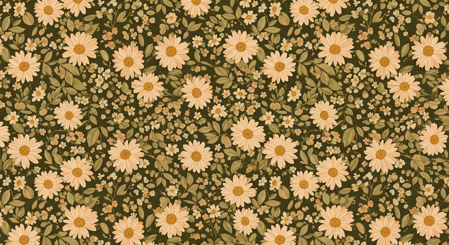 Flat artwork of the Kids-Mundo daisy wall mural showing cream daisies on olive green
