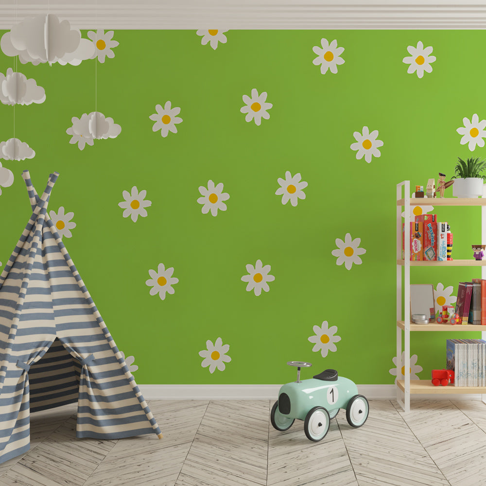 White daisy floral mural wallpaper in modern children's bedroom with wooden furniture by Kids-Mundo