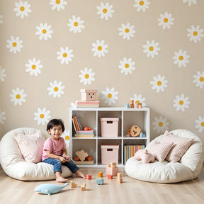 Daisy mural wallpaper creating peaceful nursery decor with white flowers on beige background by Kids-Mundo