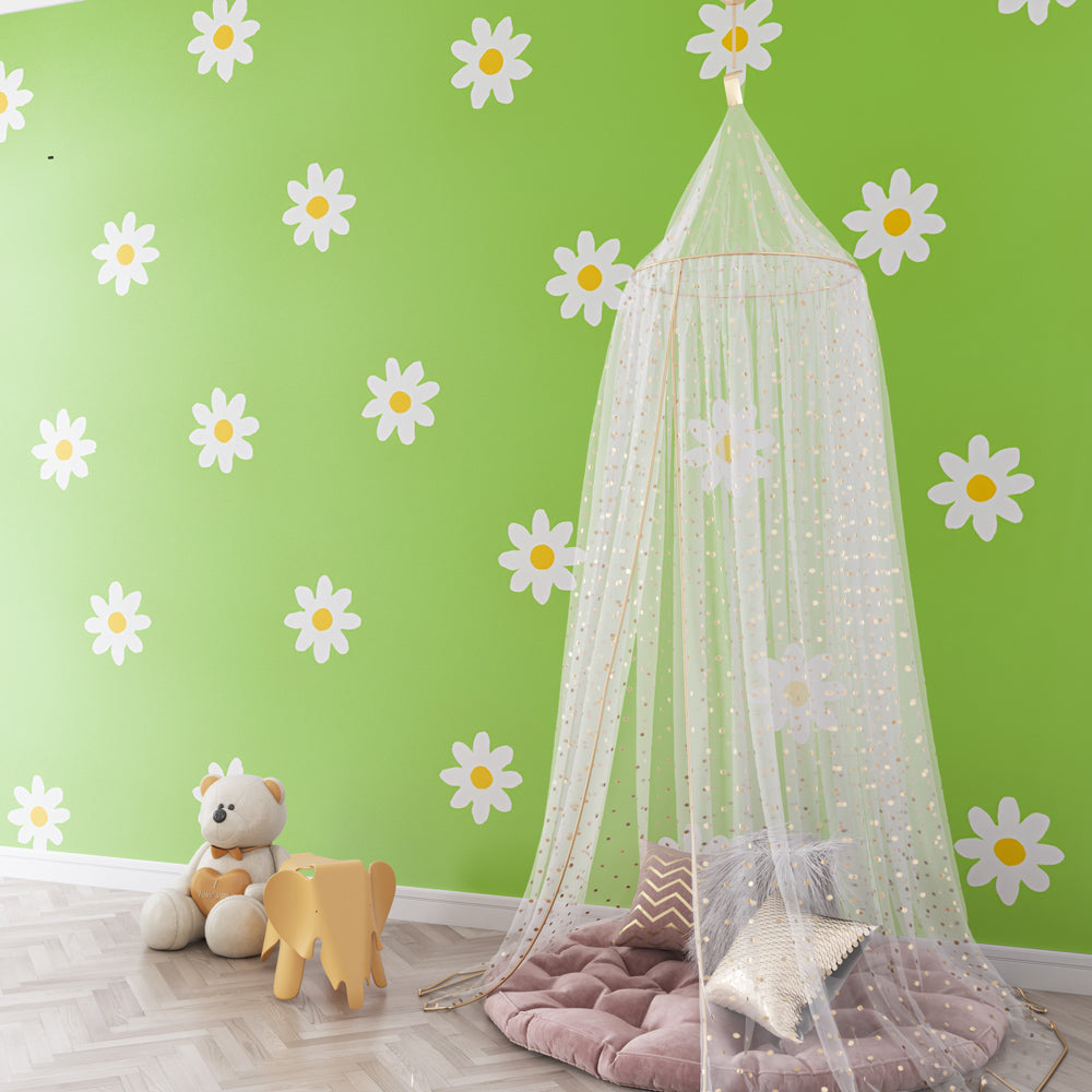 Green botanical daisy mural wallpaper transforming children's playroom into garden sanctuary