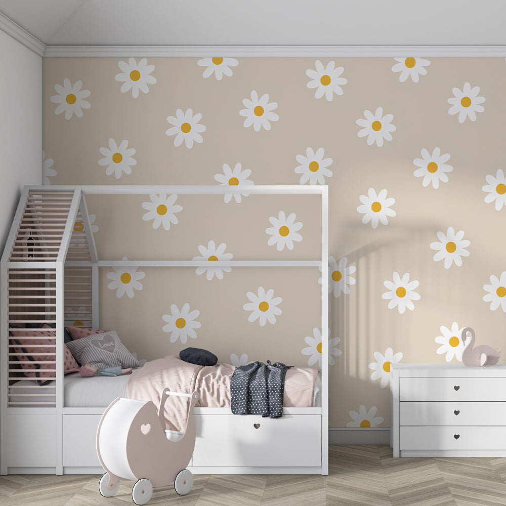 Sweet daisy wallpaper for kids playroom featuring white flowers and yellow centers on beige