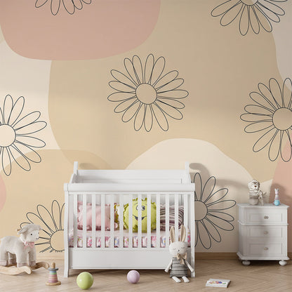 Kids-Mundo daisy pattern wall mural shown on a kids bedroom wall behind a cot bed.