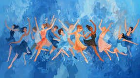 Detailed dance mural wallpaper design pattern showing vibrant dancers on blue background by Kids-Mundo