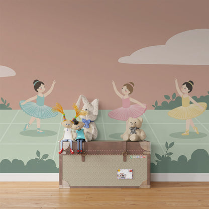 Kids-Mundo ballerina meadow mural covering a wall in a young girl's bedroom