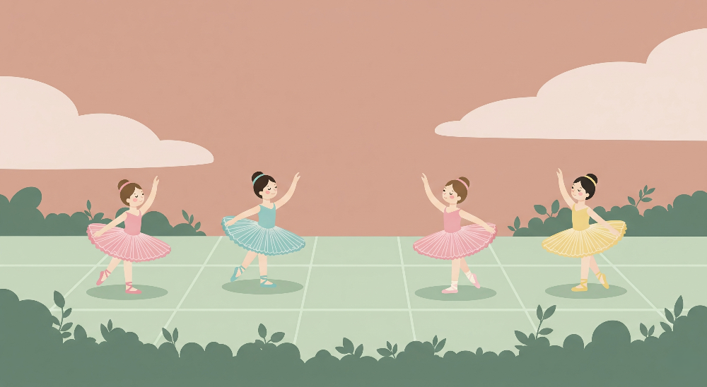 Kids-Mundo flat artwork of four illustrated ballerinas dancing in a meadow scene