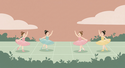 Kids-Mundo flat artwork of four illustrated ballerinas dancing in a meadow scene