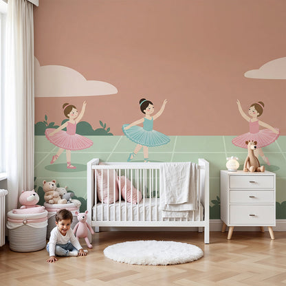 Kids-Mundo dancing ballerinas wall mural styled in a bright kids bedroom