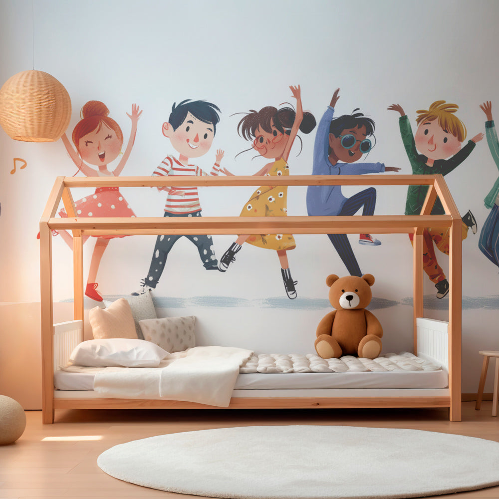 Musical dancing kids mural wallpaper transforming nursery into creative space