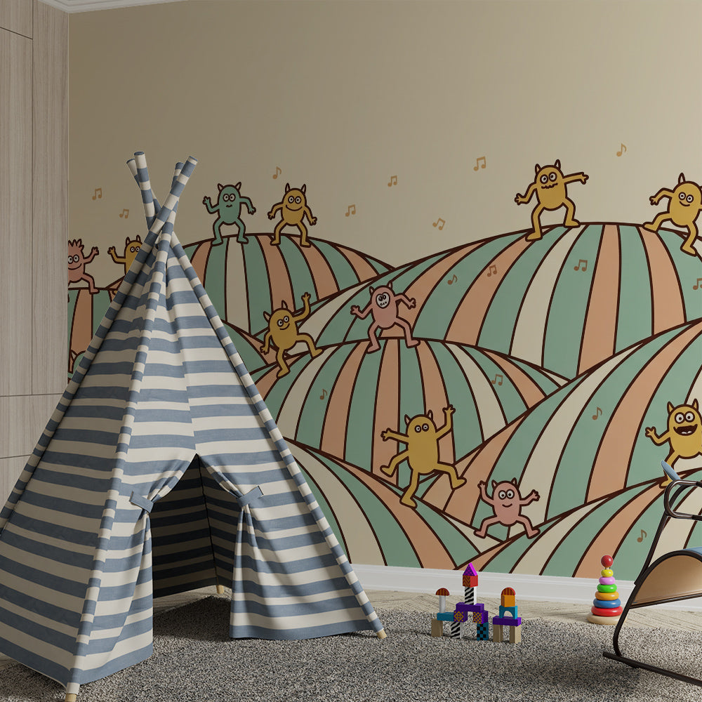 Kids bedroom wall styled with a Kids-Mundo dancing monster mural in pink, yellow and teal tones.