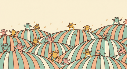 Flat artwork of the Kids-Mundo dancing monster wall mural design with colourful striped hills below.
