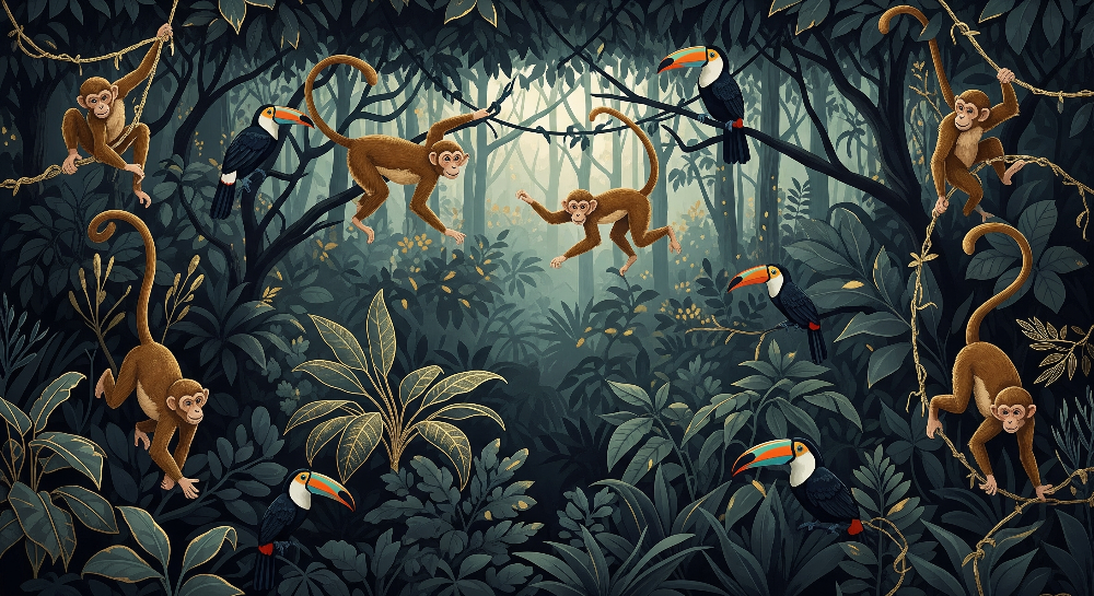 Playful Monkeys and Toucans Wall Mural