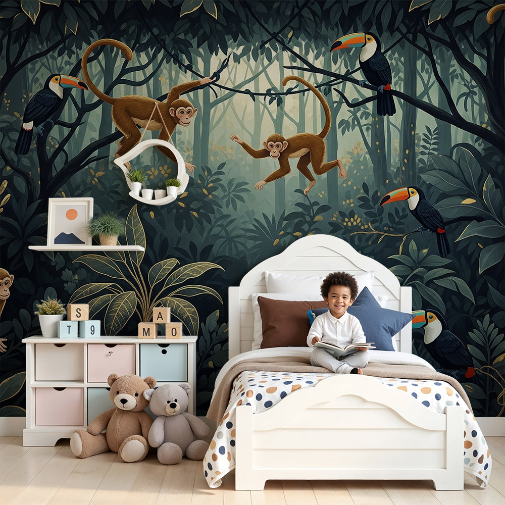 Kids-Mundo playful monkey and toucan wall mural shown in a soft nursery