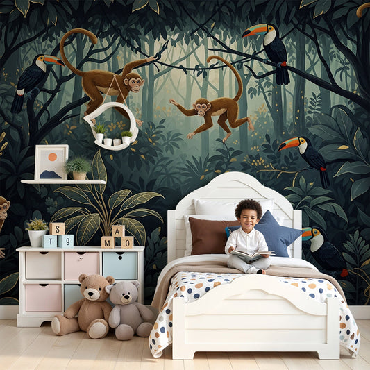 Kids-Mundo playful monkey and toucan wall mural shown in a soft nursery