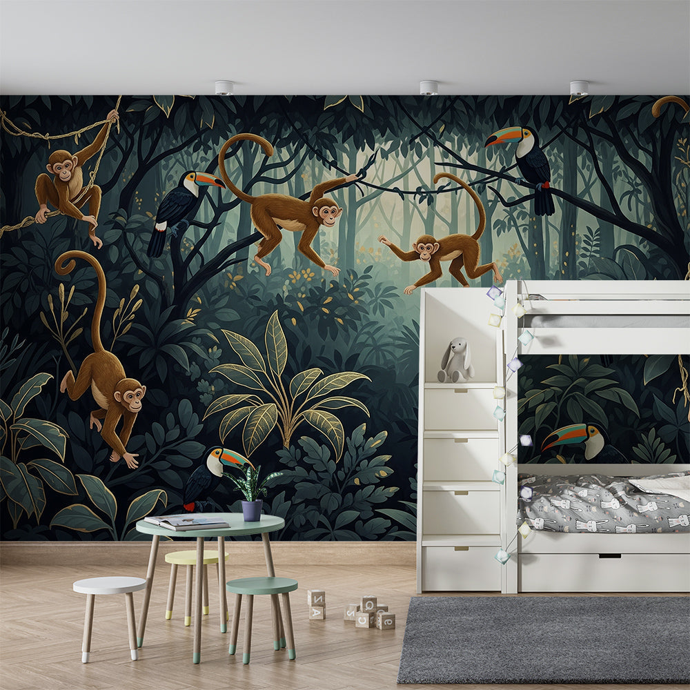 Kids-Mundo jungle monkey and toucan wall mural pictured in a playroom space