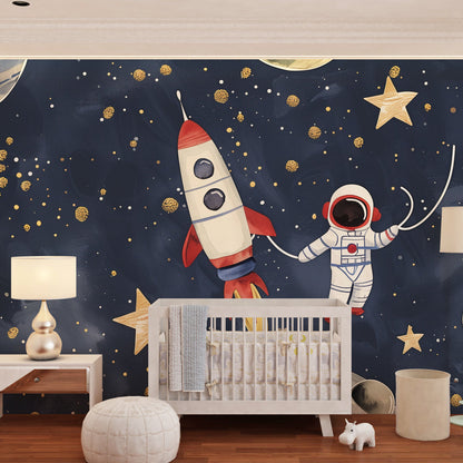 Kids-Mundo astronaut and rocket wall mural decorating an adventurous kids bedroom
