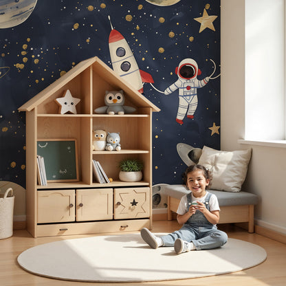 Kids-Mundo deep space astronaut wall mural with planets in a modern baby nursery
