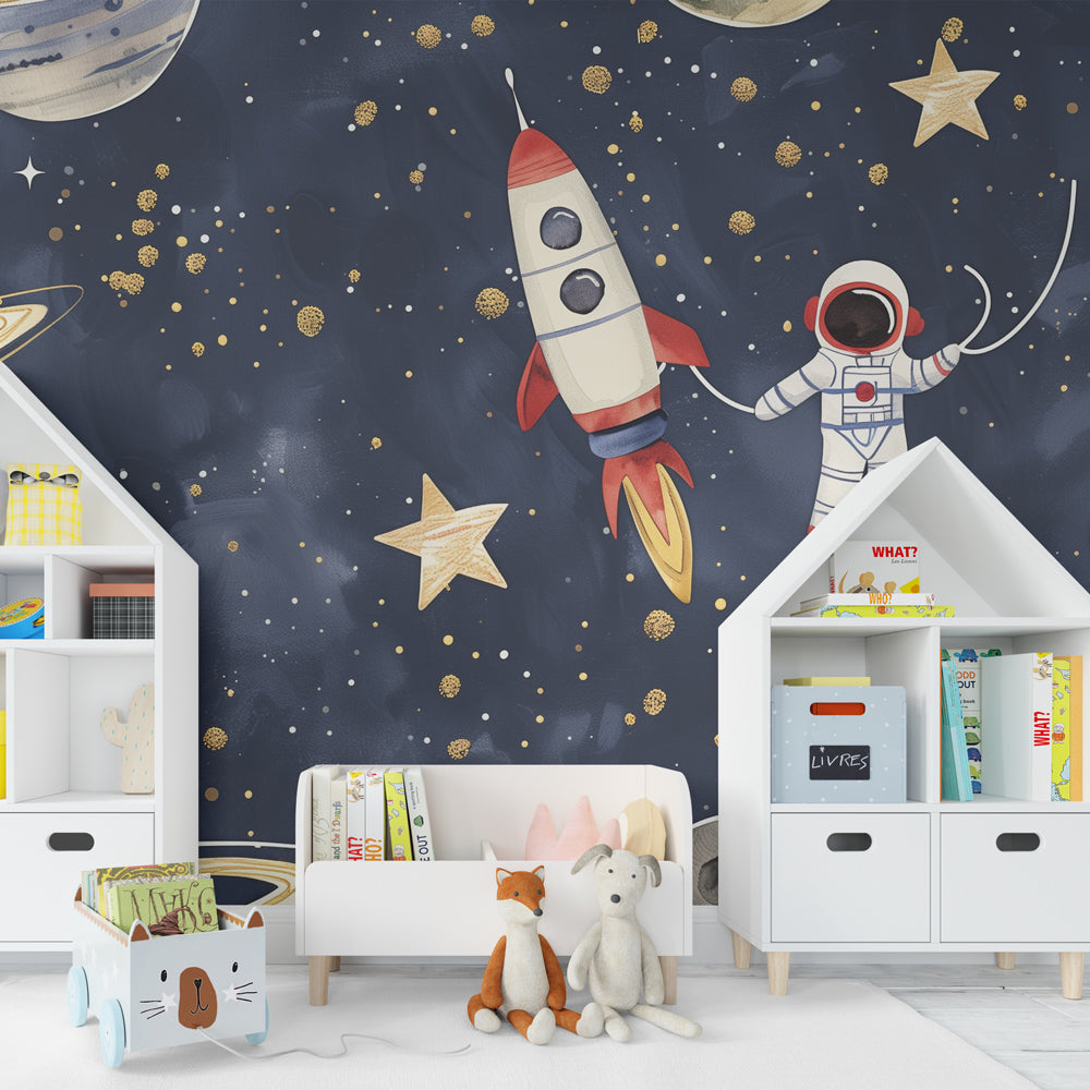 Kids-Mundo deep space wall mural bringing planets and stars to a children's playroom