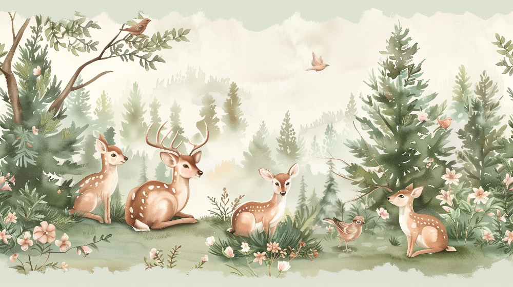 Kids-Mundo flat artwork of a deer family with pine trees, a bird and pink woodland flowers.