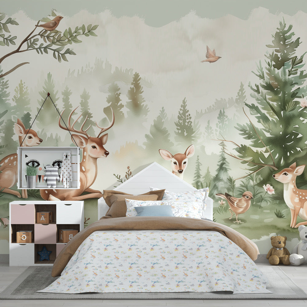 Kids-Mundo deer and blossom wall mural bringing a gentle nature theme to a playroom.