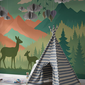 Woodland deer and fawn mural wallpaper creating calming atmosphere in children's bedroom