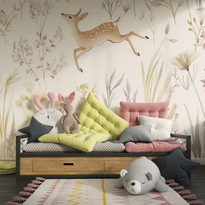 Pastel woodland deer mural wallpaper with botanical elements in modern children's bedroom